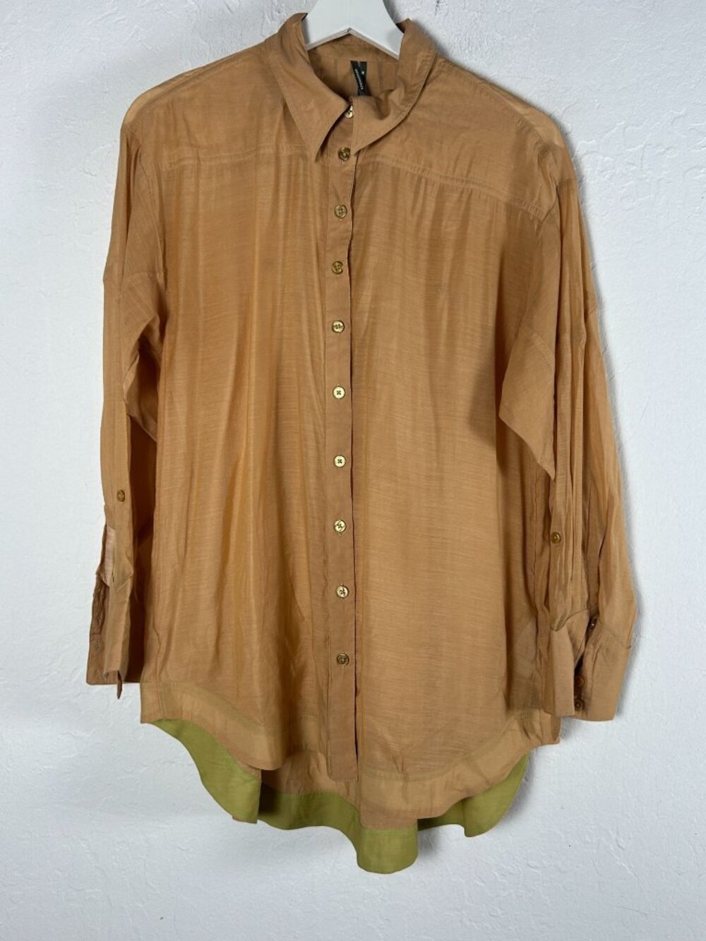 Anthropologie Women Sheer Button-Down Shirt Tunic Top XS Tan Pleated Back Casual